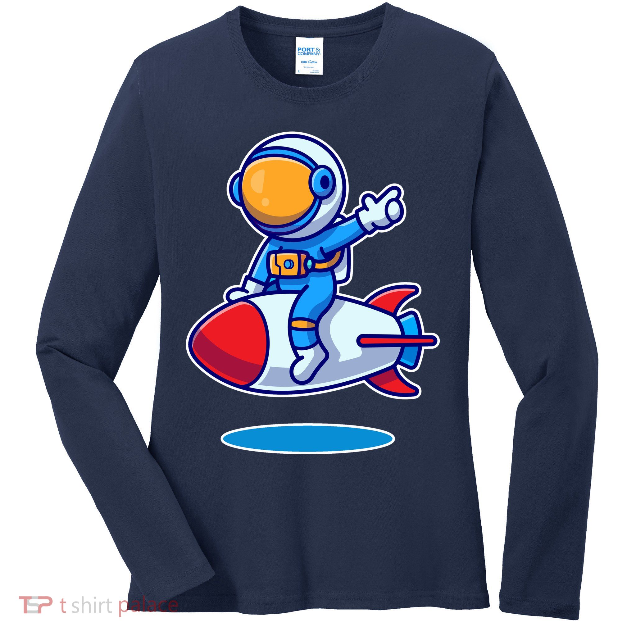 Cute Astronaut On Rocket Cartoon Ladies Long Sleeve Shirt