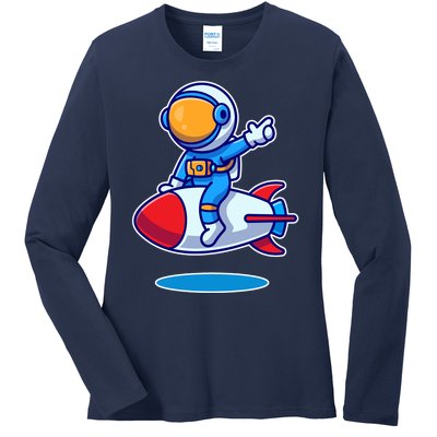 Cute Astronaut On Rocket Cartoon Ladies Long Sleeve Shirt