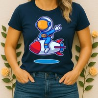 Cute Astronaut On Rocket Cartoon Womens T-Shirt