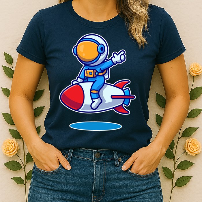 Cute Astronaut On Rocket Cartoon Womens T-Shirt