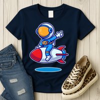 Cute Astronaut On Rocket Cartoon Womens T-Shirt