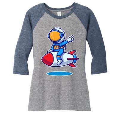 Cute Astronaut On Rocket Cartoon Women's Tri-Blend 3/4-Sleeve Raglan Shirt