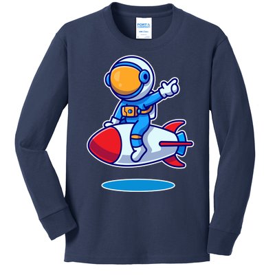 Cute Astronaut On Rocket Cartoon Kids Long Sleeve Shirt