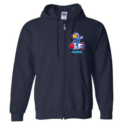 Cute Astronaut On Rocket Cartoon Full Zip Hoodie