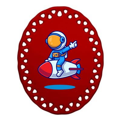 Cute Astronaut On Rocket Cartoon Ceramic Oval Ornament