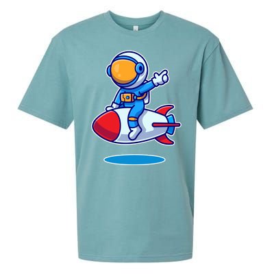 Cute Astronaut On Rocket Cartoon Sueded Cloud Jersey T-Shirt