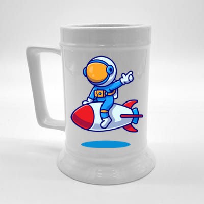 Cute Astronaut On Rocket Cartoon Beer Stein