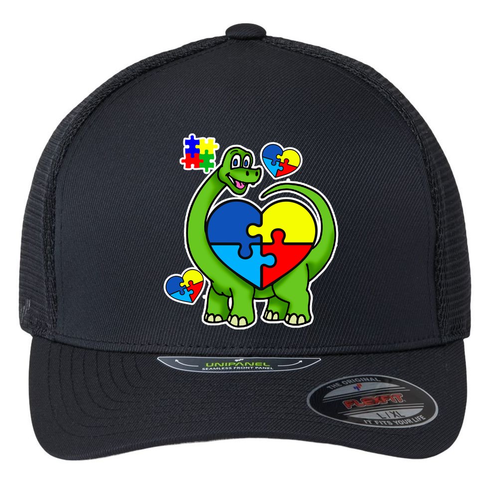 Cute Autism Dino Puzzle Piece Heart Flexfit Unipanel Trucker Cap