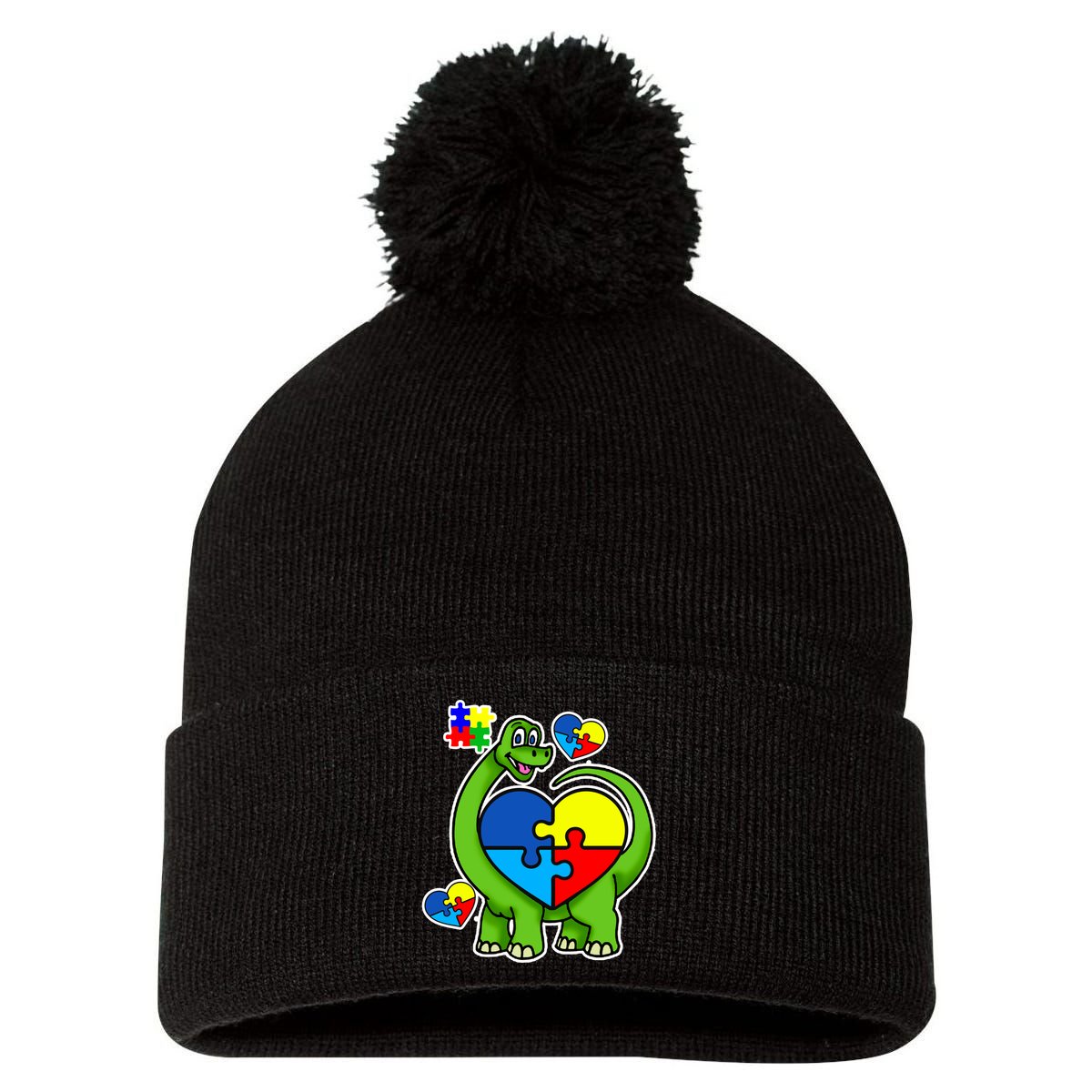 Cute Autism Dino Puzzle Piece Heart Pom Pom 12in Knit Beanie