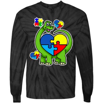 Cute Autism Dino Puzzle Piece Heart Tie-Dye Long Sleeve Shirt