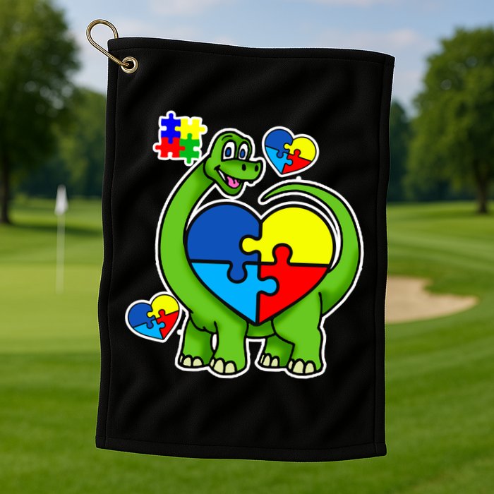 Cute Autism Dino Puzzle Piece Heart Golf Towel