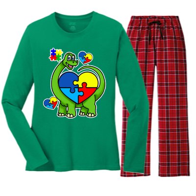 Cute Autism Dino Puzzle Piece Heart Women's Long Sleeve Flannel Pajama Set 