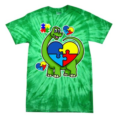 Cute Autism Dino Puzzle Piece Heart Tie-Dye T-Shirt