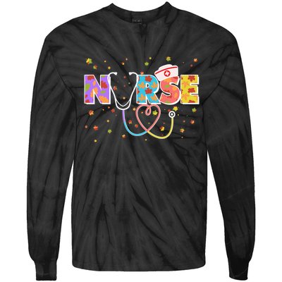 Cute Autumn Fall Patterns Nurse Tie-Dye Long Sleeve Shirt
