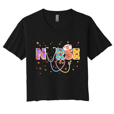 Cute Autumn Fall Patterns Nurse Crop Top
