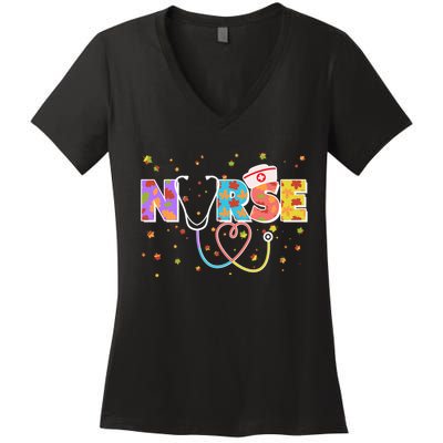 Cute Autumn Fall Patterns Nurse Women's V-Neck T-Shirt