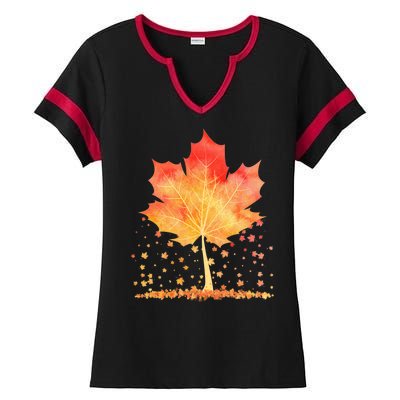 Cute Autumn Maple Leaf Tree Ladies Halftime Notch Neck Tee