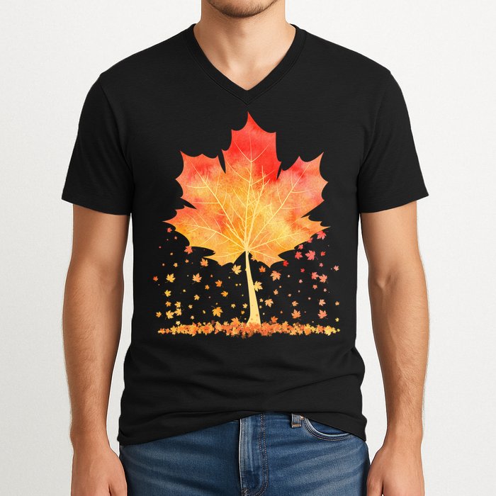 Cute Autumn Maple Leaf Tree V-Neck T-Shirt
