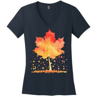 Cute Autumn Maple Leaf Tree Women's V-Neck T-Shirt