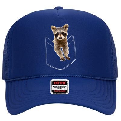 Cute Baby Raccoon In A Pocket High Crown Mesh Back Trucker Hat