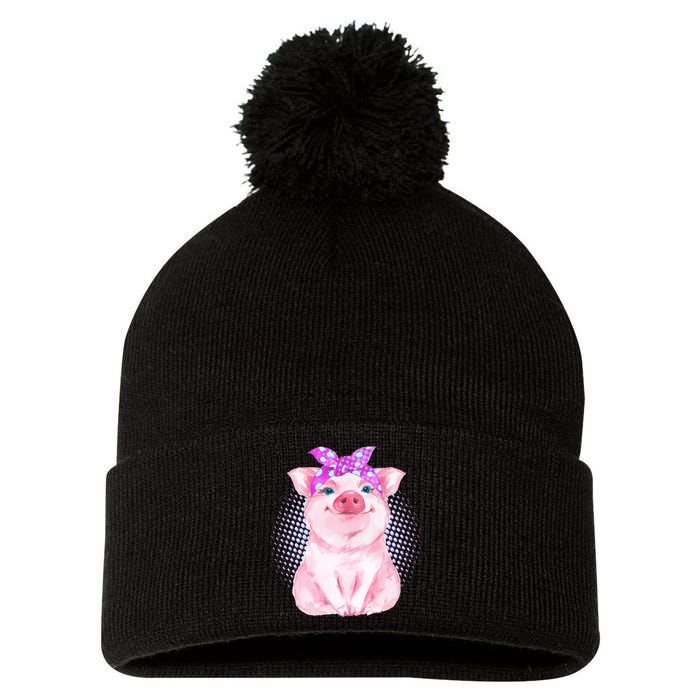 Cute Bandanna Pig Pom Pom 12in Knit Beanie