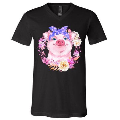 Cute Bandanna Pig Floral V-Neck T-Shirt
