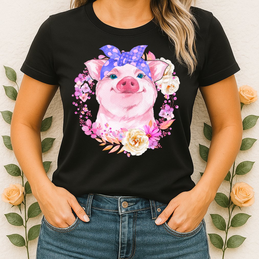 Cute Bandanna Pig Floral Womens T-Shirt