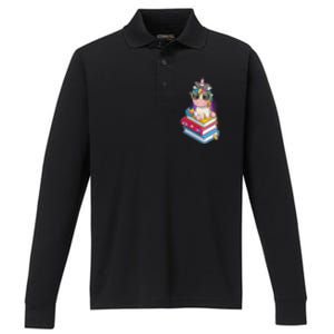 Cute Book Lover Unicorn Back to School Performance Long Sleeve Polo