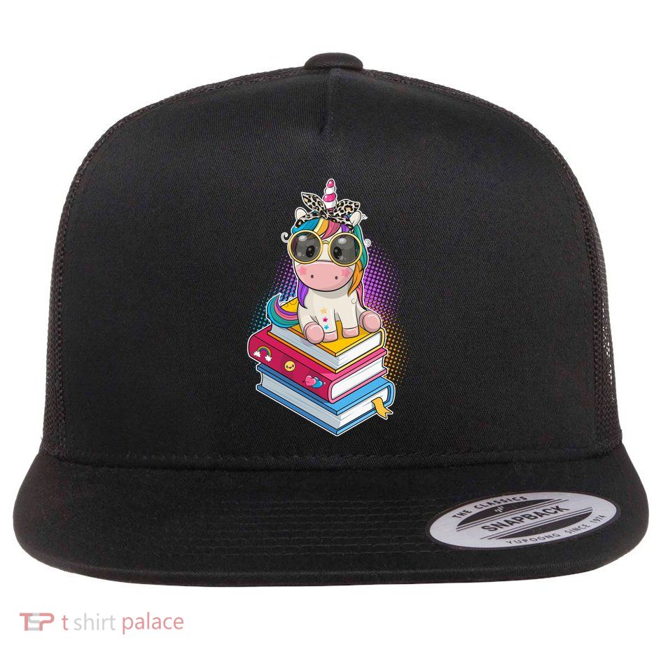 Cute Book Lover Unicorn Back to School Flat Bill Trucker Hat