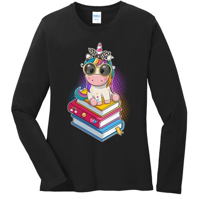 Cute Book Lover Unicorn Back to School Ladies Long Sleeve Shirt