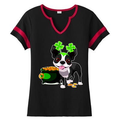 Cute Boston Terrier Shamrock St. Patrick's Day Ladies Halftime Notch Neck Tee