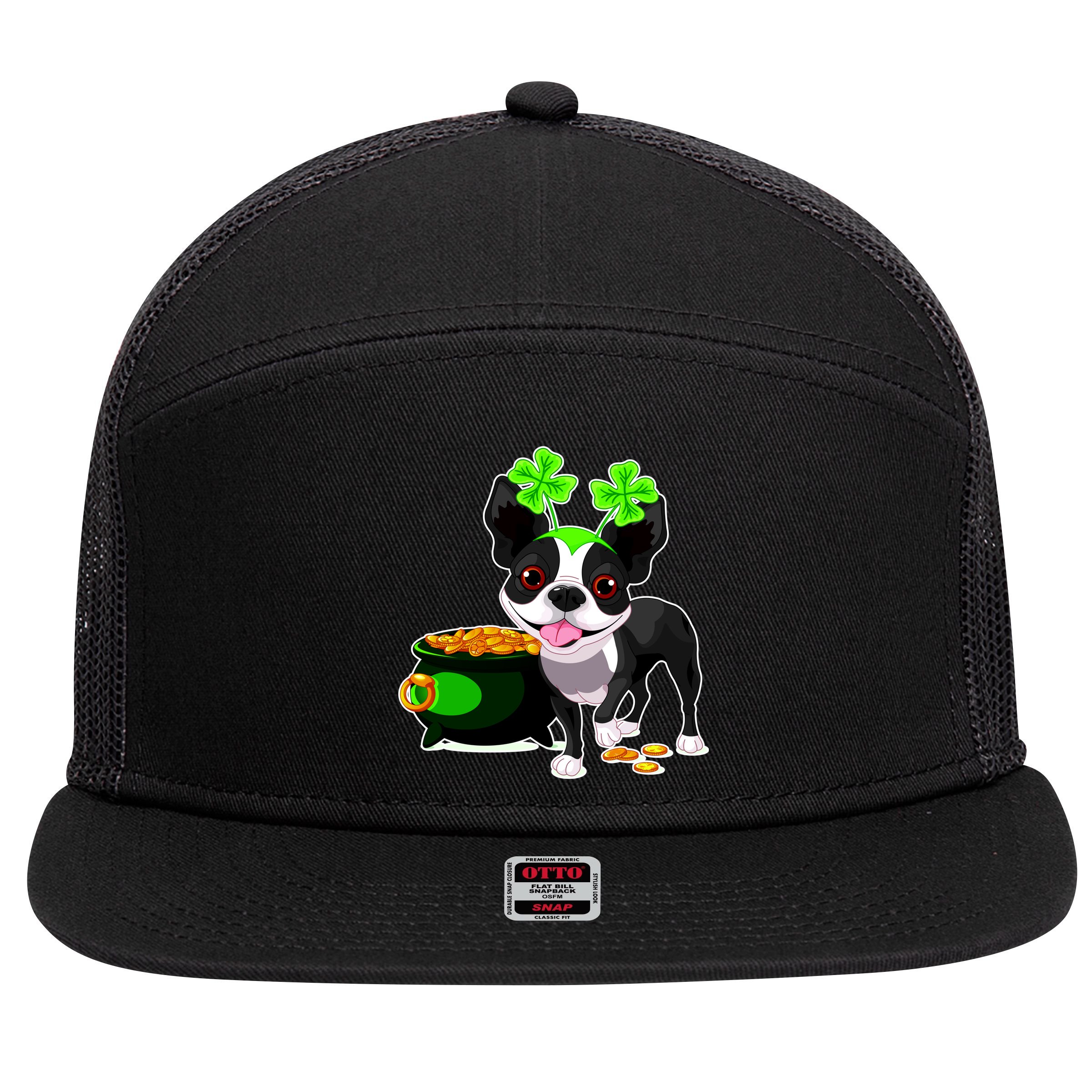Cute Boston Terrier Shamrock St. Patrick's Day 7 Panel Mesh Trucker Snapback Hat