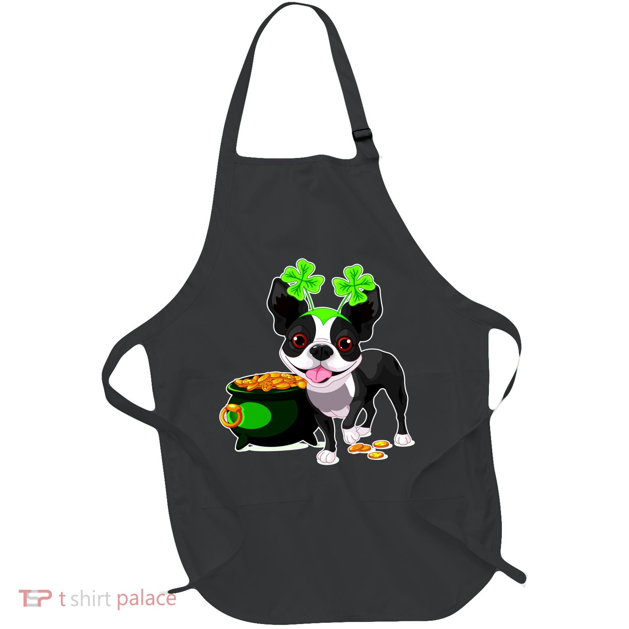 Cute Boston Terrier Shamrock St. Patrick's Day Full-Length Apron With Pockets