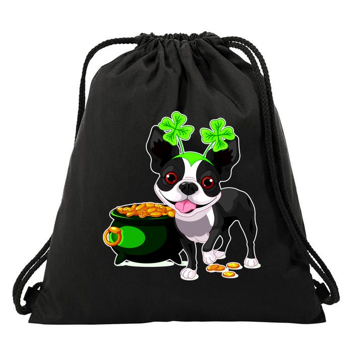 Cute Boston Terrier Shamrock St. Patrick's Day Drawstring Bag