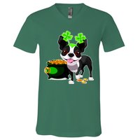 Cute Boston Terrier Shamrock St. Patrick's Day V-Neck T-Shirt