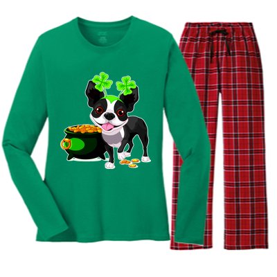 Cute Boston Terrier Shamrock St. Patrick's Day Women's Long Sleeve Flannel Pajama Set 