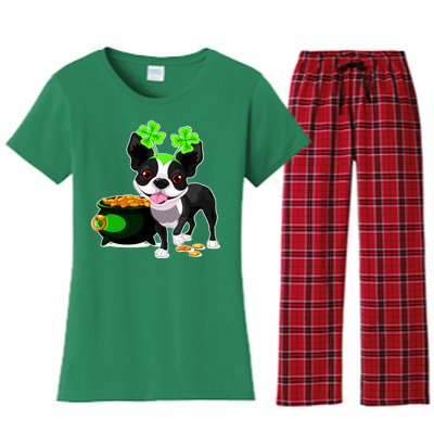 Cute Boston Terrier Shamrock St. Patrick's Day Women's Flannel Pajama Set