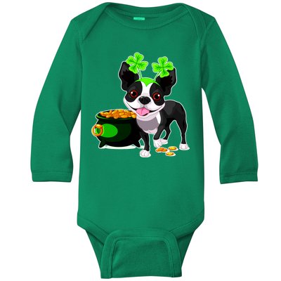 Cute Boston Terrier Shamrock St. Patrick's Day Baby Long Sleeve Bodysuit