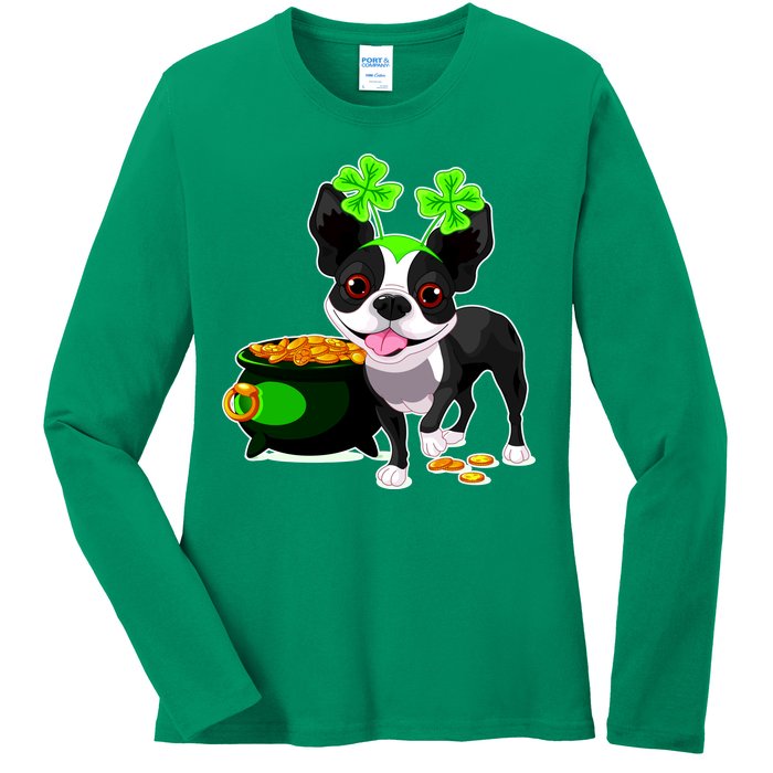 Cute Boston Terrier Shamrock St. Patrick's Day Ladies Long Sleeve Shirt