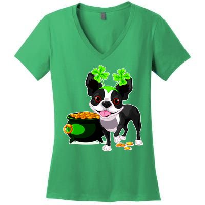 Cute Boston Terrier Shamrock St. Patrick's Day Women's V-Neck T-Shirt