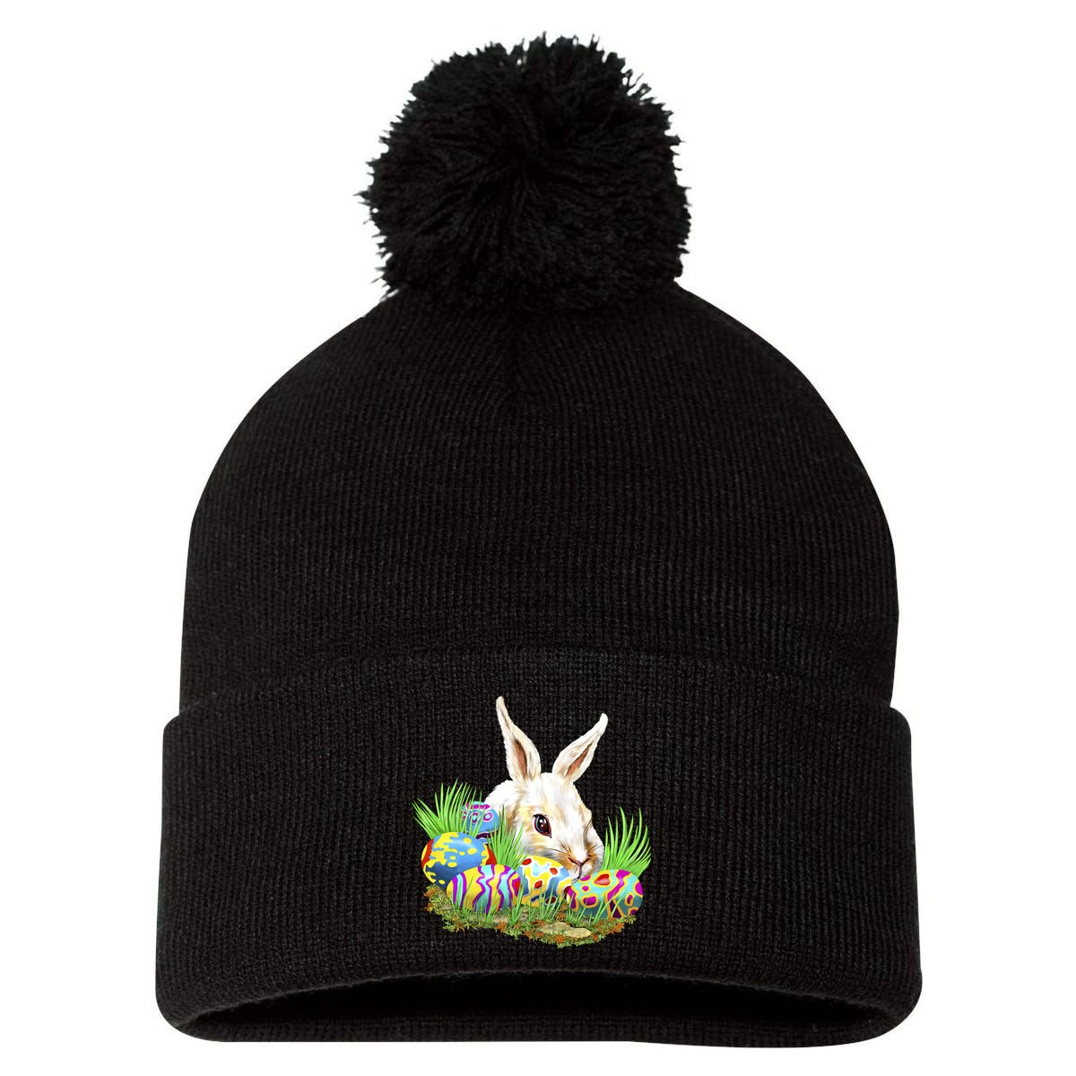 Cute Bunny with Easter Eggs Pom Pom 12in Knit Beanie