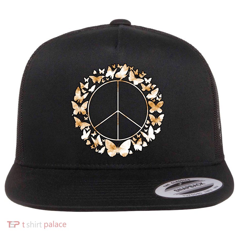 Cute Butterfly Peace Sign Flat Bill Trucker Hat