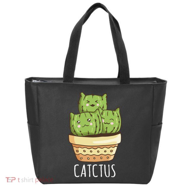 Cute Cactus Three Cats Zip Tote Bag