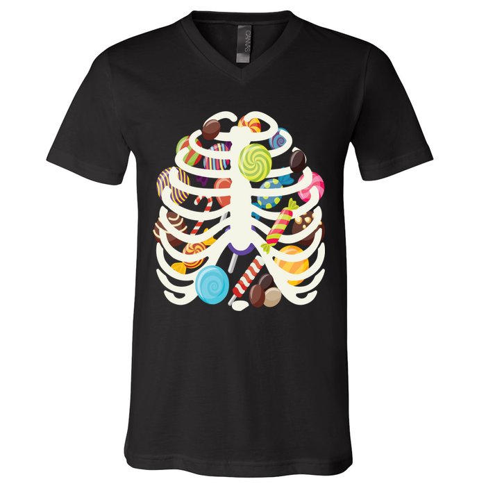 Cute Candy Skeleton Rib Cage Halloween V-Neck T-Shirt