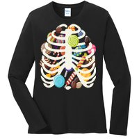 Cute Candy Skeleton Rib Cage Halloween Ladies Long Sleeve Shirt