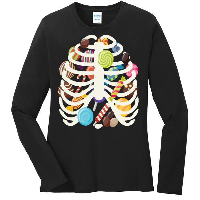 Cute Candy Skeleton Rib Cage Halloween Ladies Long Sleeve Shirt