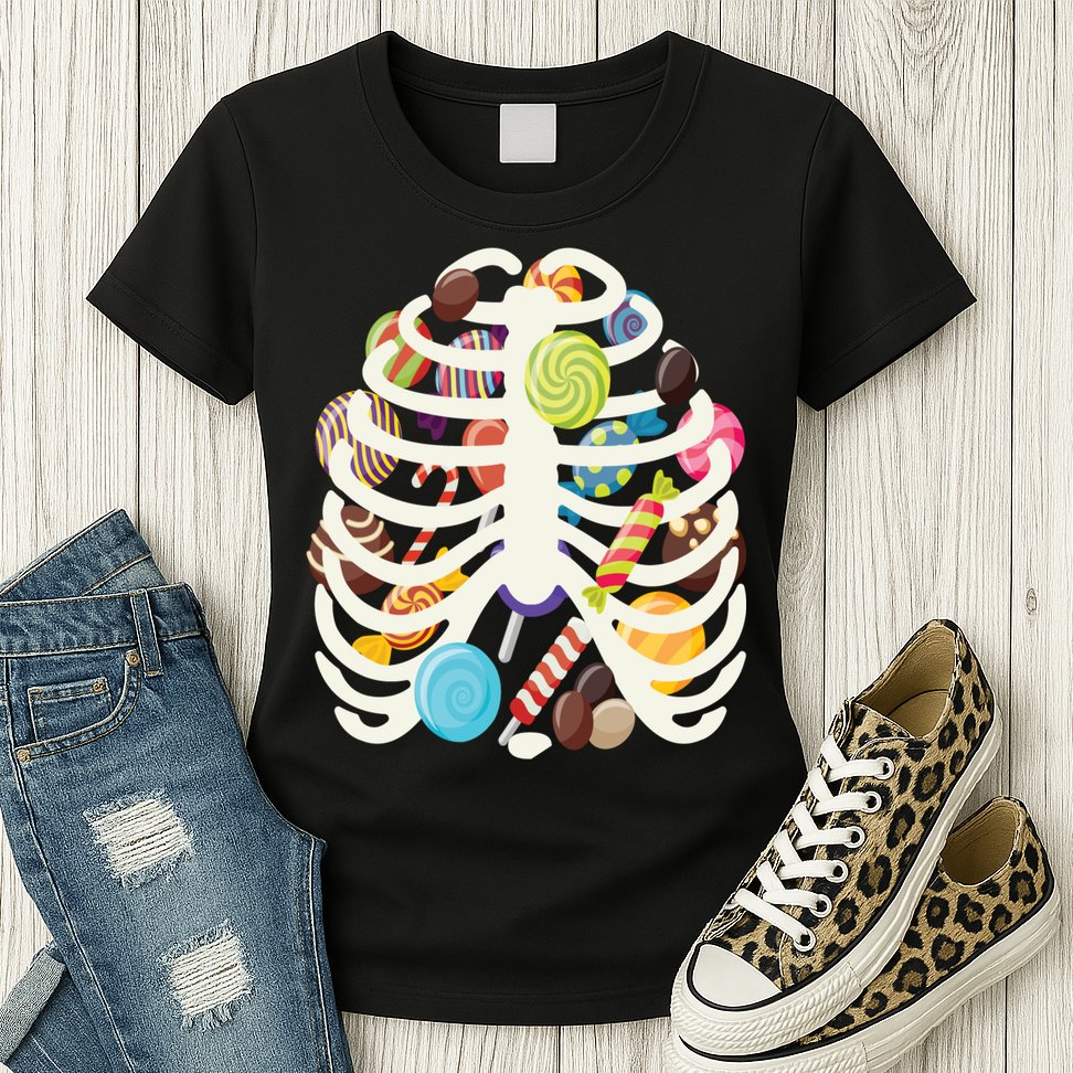 Cute Candy Skeleton Rib Cage Halloween Womens T-Shirt