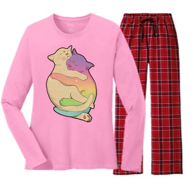 Cute Cat Love Hugging Out Women's Long Sleeve Flannel Pajama Set 