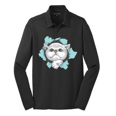 Cute Cat Through Hole Silk Touch Performance Long Sleeve Polo