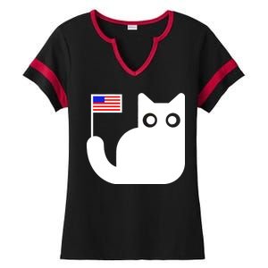 Cute Cat USA Tail Flag Ladies Halftime Notch Neck Tee